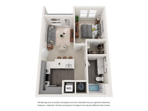 a stylized floor plan with a bedroom and a living room